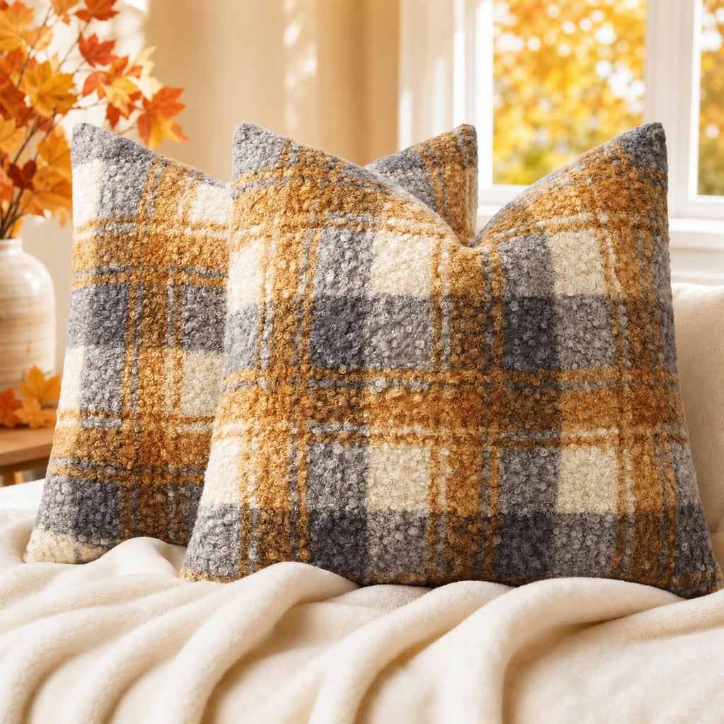 decorUhome Faux Fur Plaid Throw Pillow Covers 20X20 Set of 2 Khaki Brown