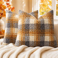 decorUhome Faux Fur Plaid Throw Pillow Covers 20X20 Set of 2 Khaki Brown