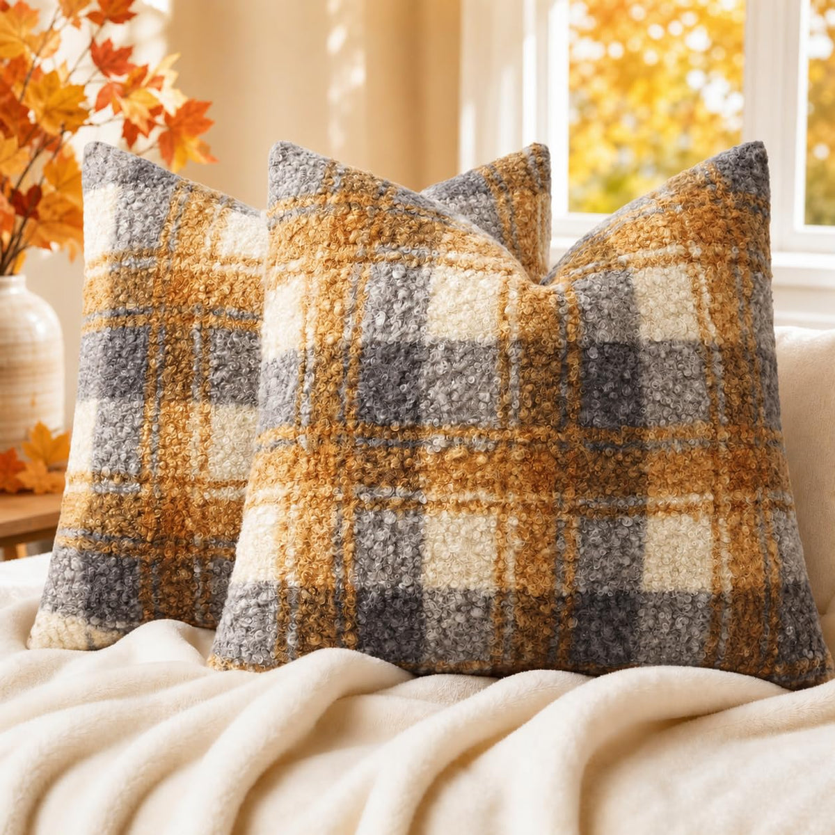 decorUhome Faux Fur Plaid Throw Pillow Covers 20X20 Set of 2 Khaki Brown