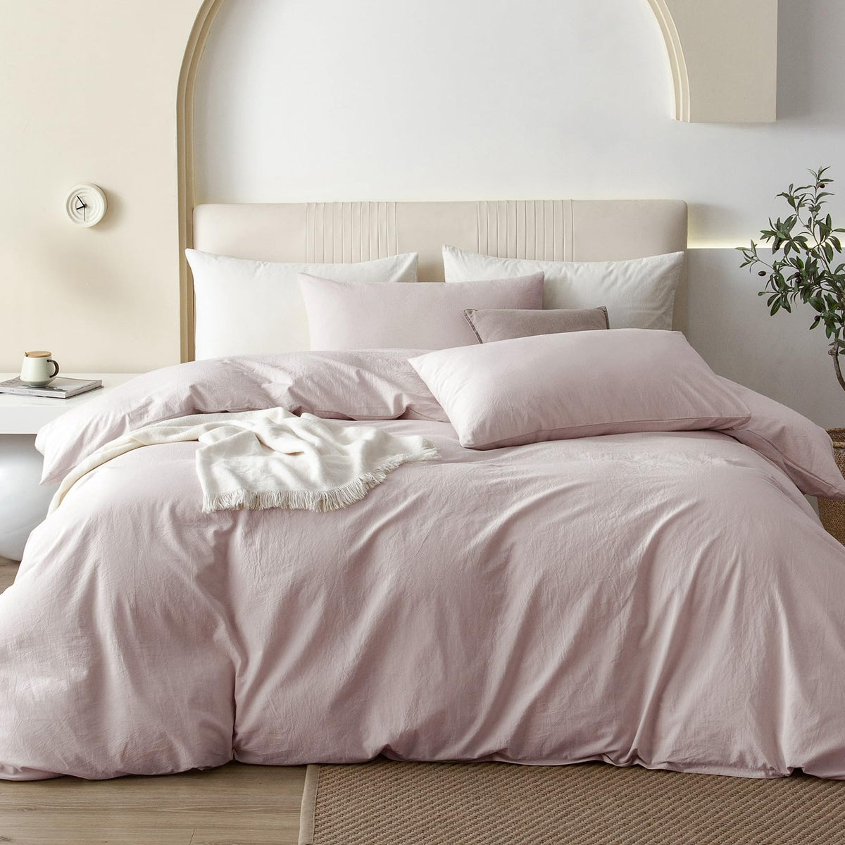 JIYUAN Queen Washed Cotton Duvet Cover Set, 3-Piece, Relaxed Linen Feel