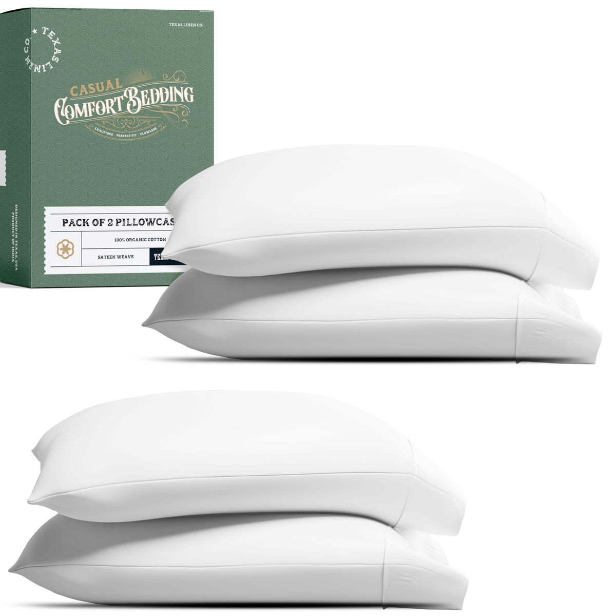 TEXAS LINEN CO. 100% Organic Cotton Percale Pillow Cases Standard/Queen Size Set of 2 - Percale Pillowcases Standard/Queen, Soft Cooling Pillow Cases for Sleeping, Cotton Pillow Covers - White