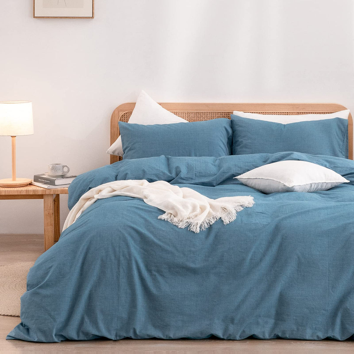 BESTOUCH Cotton Solid Duvet Cover Set Linen Feel Off White Queen