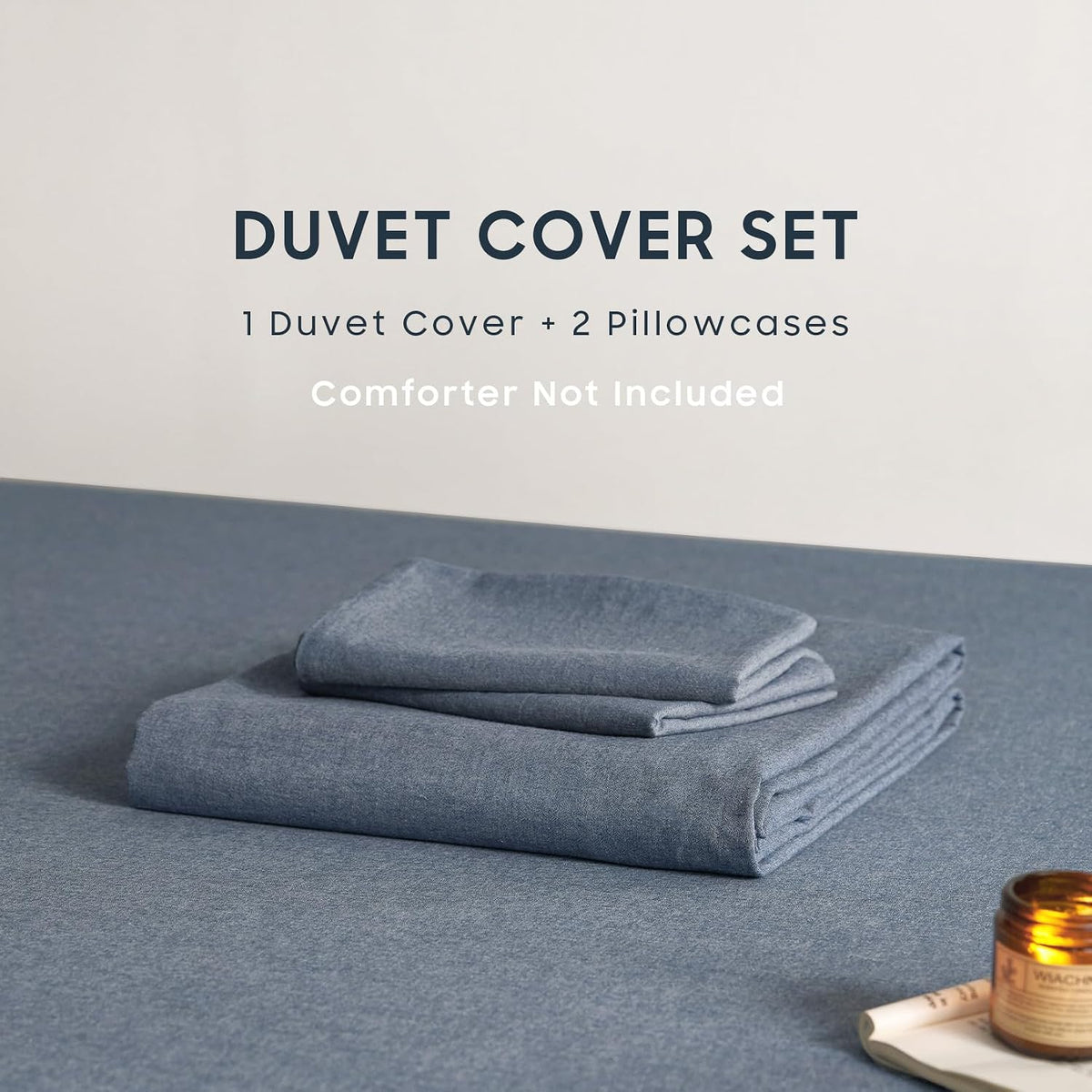 Wake In Cloud - Cotton Duvet Cover Set, 100% Washed Cotton, Linen Like Textured, Breathable Durable Comfy Farmhouse Neutral Bedding Set, 3 Pieces, Denim Blue, Queen Size