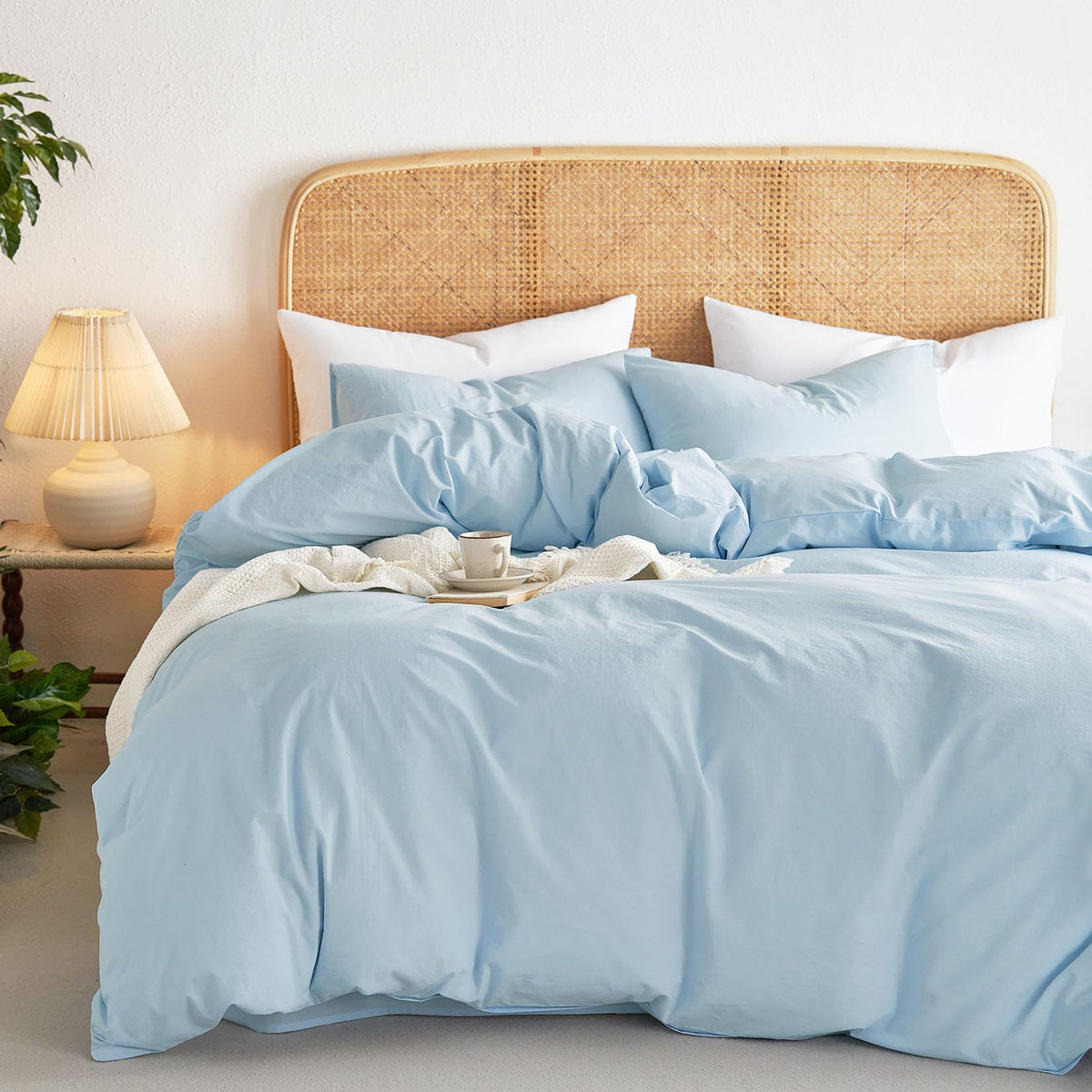 Wake In Cloud - Cotton Duvet Cover Set, 100% Washed Cotton, Linen Like Textured, Breathable Durable Comfy Farmhouse Neutral Bedding Set, 3 Pieces, Denim Blue, Queen Size