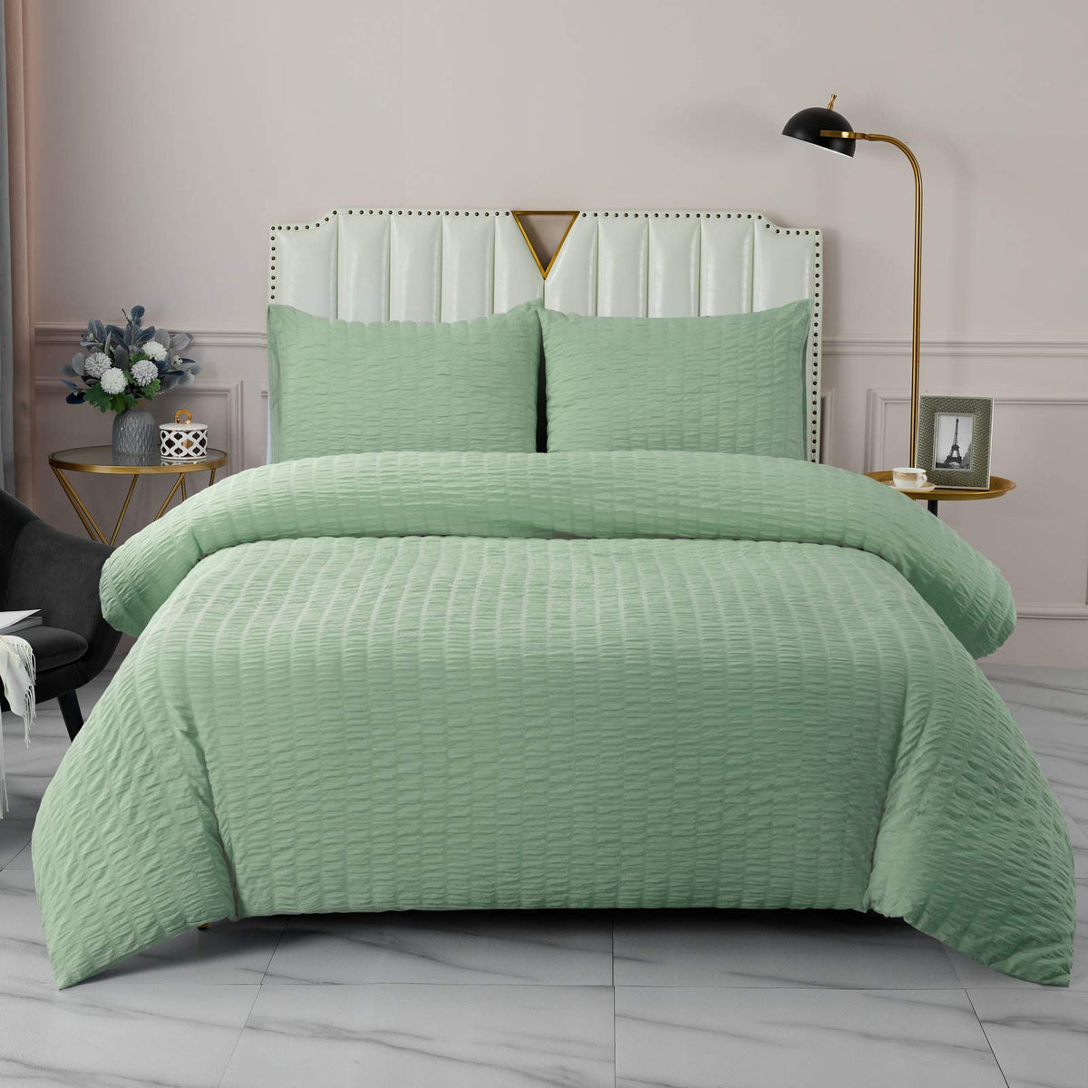DuShow Grid King Duvet Cover Set - Tan Gingham Washed Microfiber Comforter Cover Set, 3 Pieces Plaid Checkered Soft Reversible Bedding Set(Tan,King)