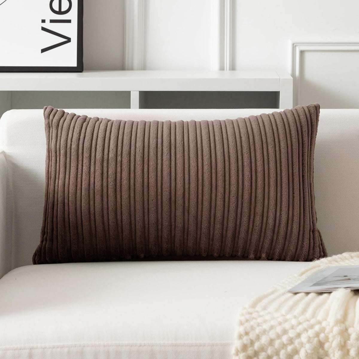 UGASA Velvet 12x20 Inch Lumbar Soft Throw Pillow Cover Boho Farmhouse Decorative Corduroy Striped Both Sides Solid Rectangular Cushion Case for Couch Bedroom Sofa Home, 1 Piece, Beige