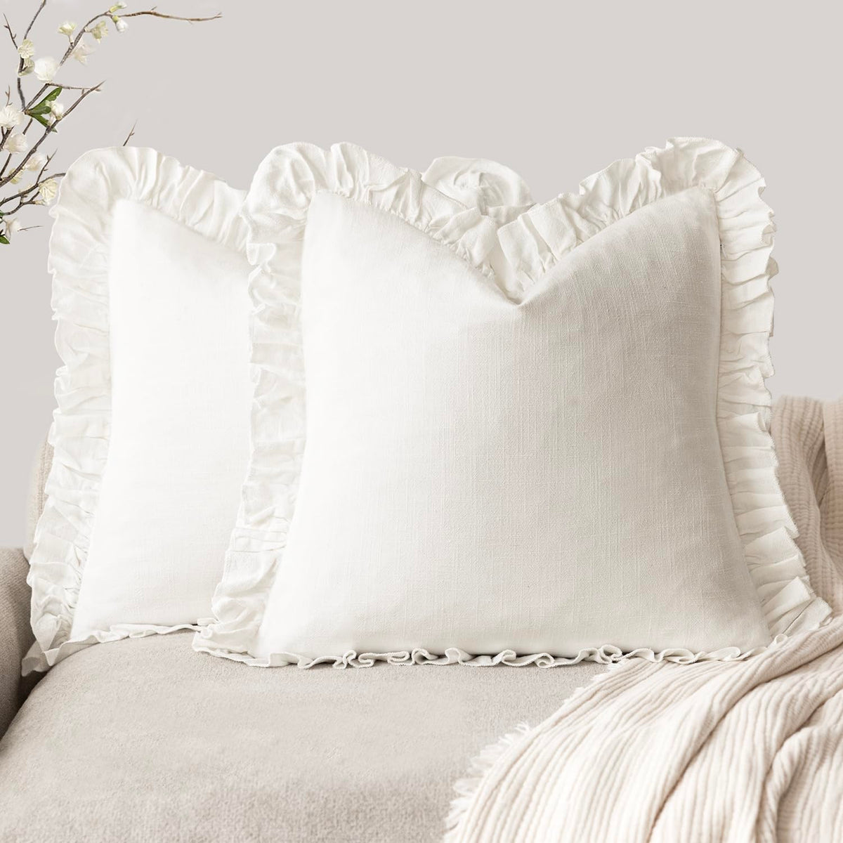 Foindtower Set of 2 Decorative Soild Fringe Ruffle Throw Pillow Covers Soft Boho Farmhouse Cushion Cover Cozy Accent Retro Pillowcase for Couch Sofa Bed Living Room Home Decor,18×18 Inch,Natural Beige