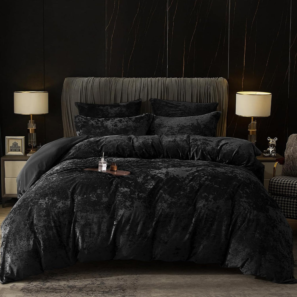PHF Luxury Velvet Duvet Cover Set King Size, 3pcs 104" x 90", Black