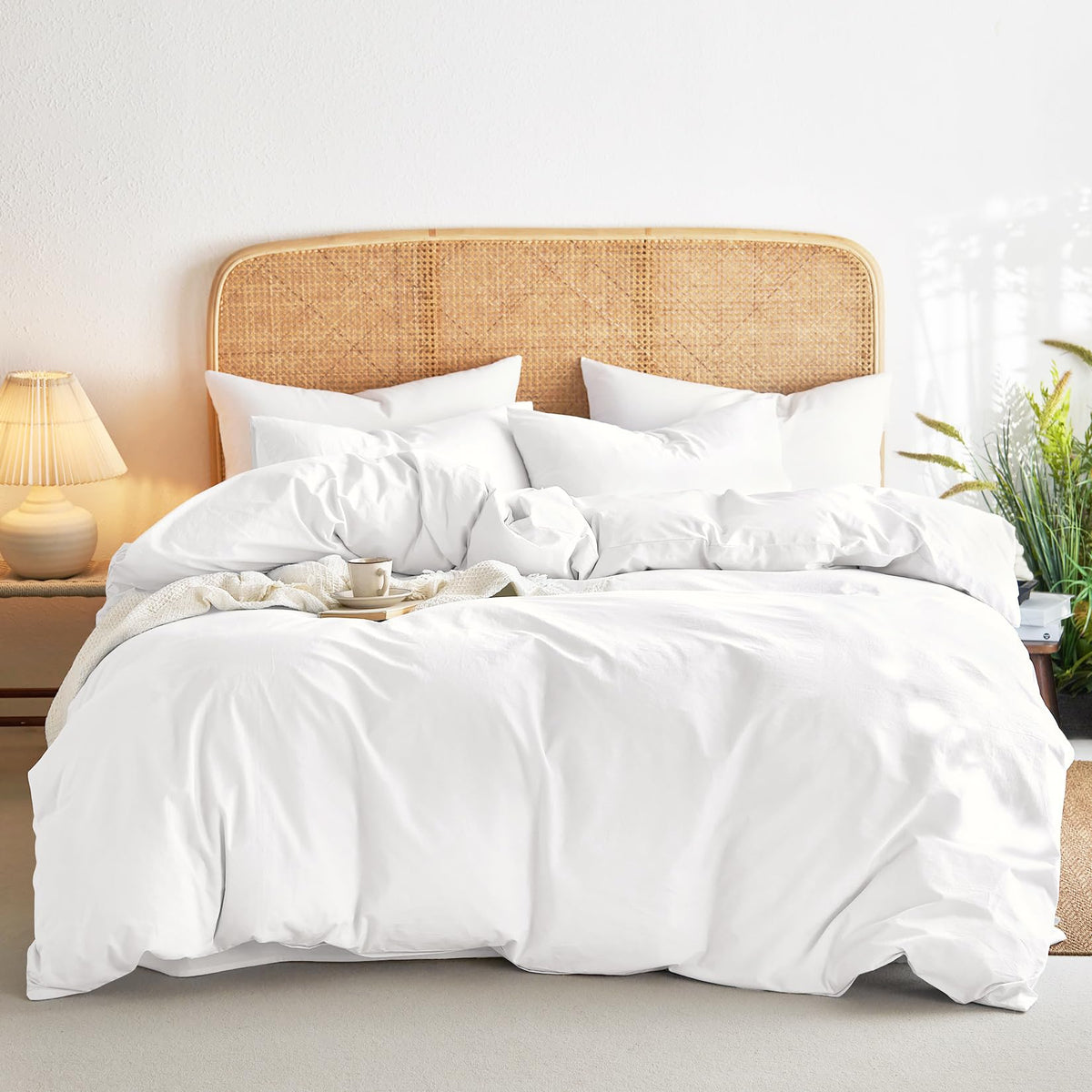 Wake In Cloud - Cotton Duvet Cover Set, 100% Washed Cotton, Linen Like Textured, Breathable Durable Comfy Farmhouse Neutral Bedding Set, 3 Pieces, Denim Blue, Queen Size
