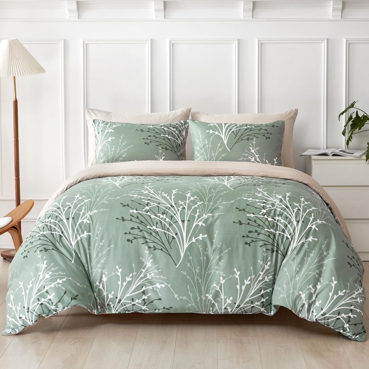 Lekesky Floral Duvet Cover Queen Size 3-Piece, Sage Green