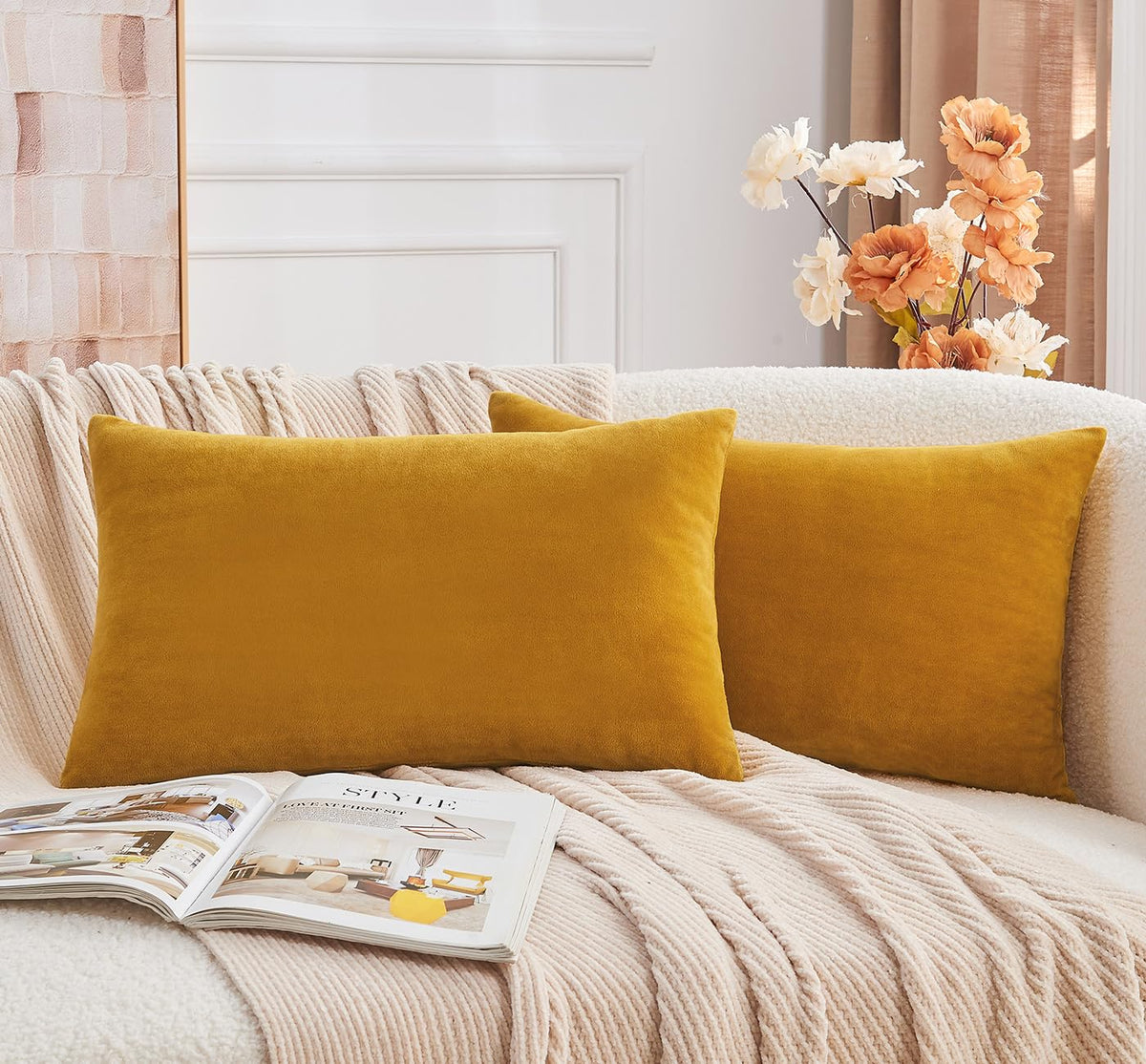 Throw Pillow Covers Mustard Yellow Set of 2 18x18 Inch Fall Pillow Covers, Soft Velvet Farmhouse Neutral Decorative Pillowcases for Couch Sofa Bed, Home Boho Decor, Modern Cushion Covers