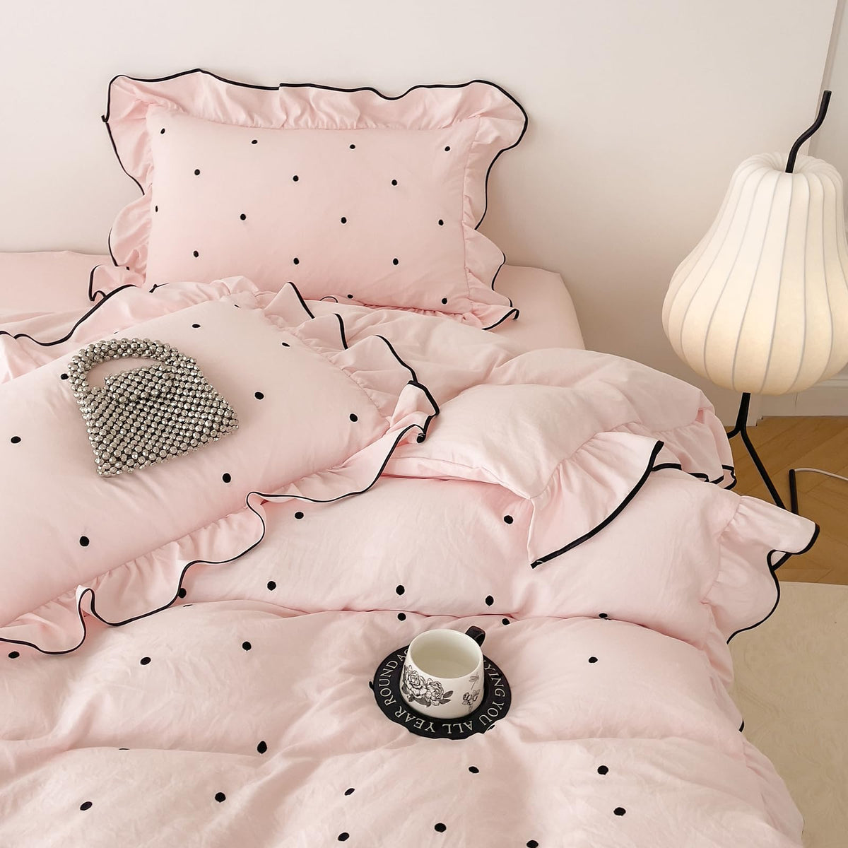 French Chic Ruffled Duvet Cover Queen Size Beige Wavy Jacquard Bedding Set 3 Pieces, Microfiber Zipper Comforter Cover and 2 Pillowcases Aesthetic Boho Girls Women Bedding Duvet Cover for All Seasons