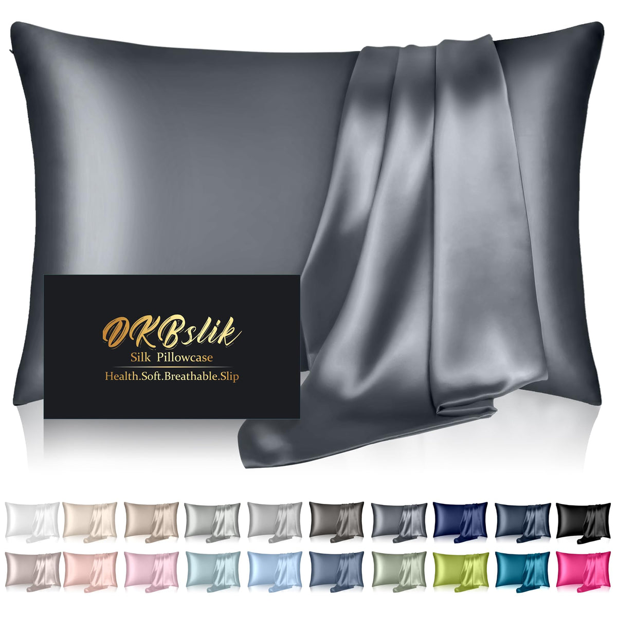 Silk Pillowcase for Hair and Skin, Mulberry Silk Pillow Cases Standard Size, Anti Acne Cooling Sleep Both Sides Natural Silk Satin Pillow Covers with Hidden Zipper, Gifts for Women Men, Ash Blue