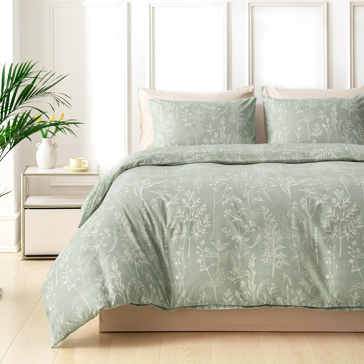 Lekesky Floral Duvet Cover Queen Size 3-Piece, Sage Green