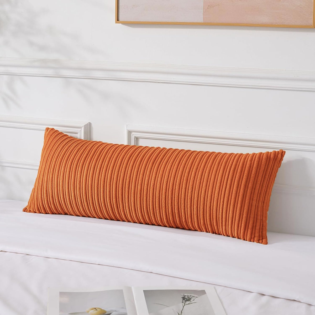 UGASA Velvet 12x20 Inch Lumbar Soft Throw Pillow Cover Boho Farmhouse Decorative Corduroy Striped Both Sides Solid Rectangular Cushion Case for Couch Bedroom Sofa Home, 1 Piece, Beige