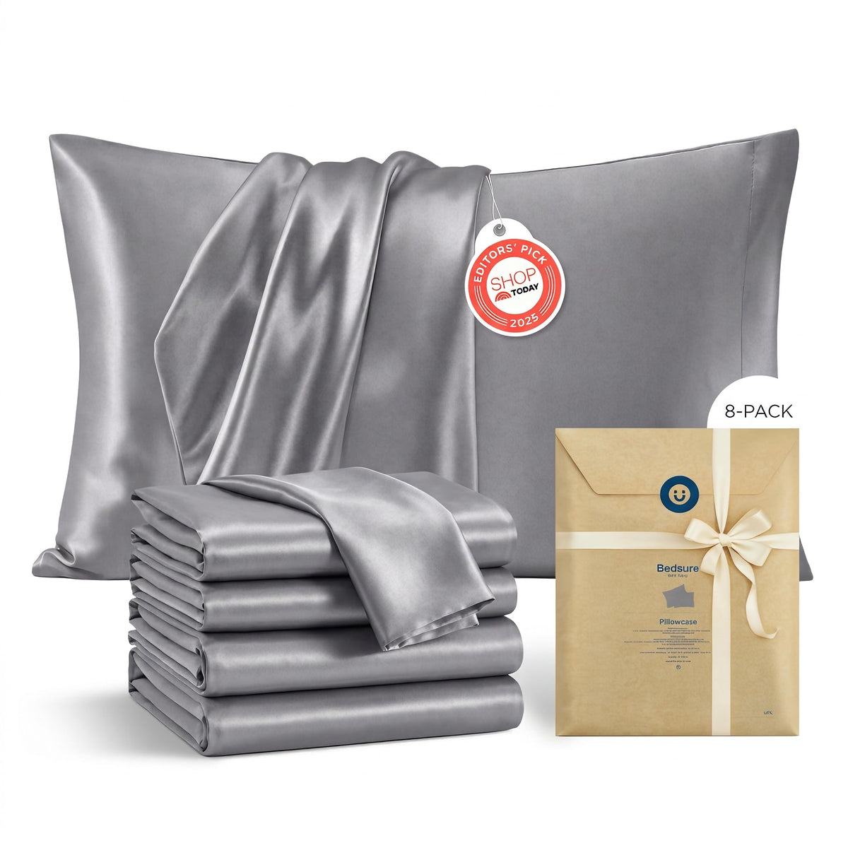 Bedsure Satin Pillowcases Queen Set of 2, Silky Pillow Cases, Dark Grey