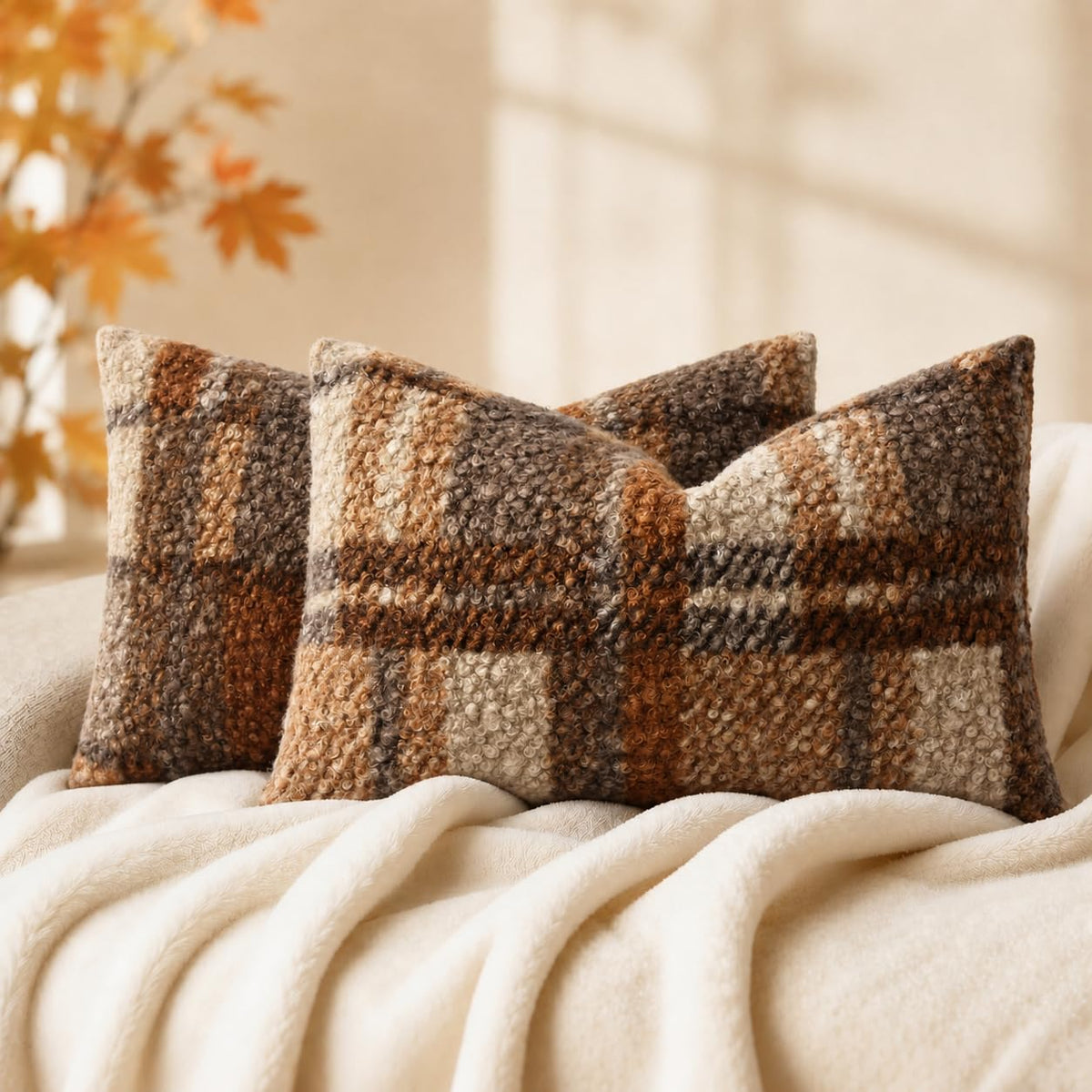 decorUhome Faux Fur Plaid Throw Pillow Covers 20X20 Set of 2 Khaki Brown