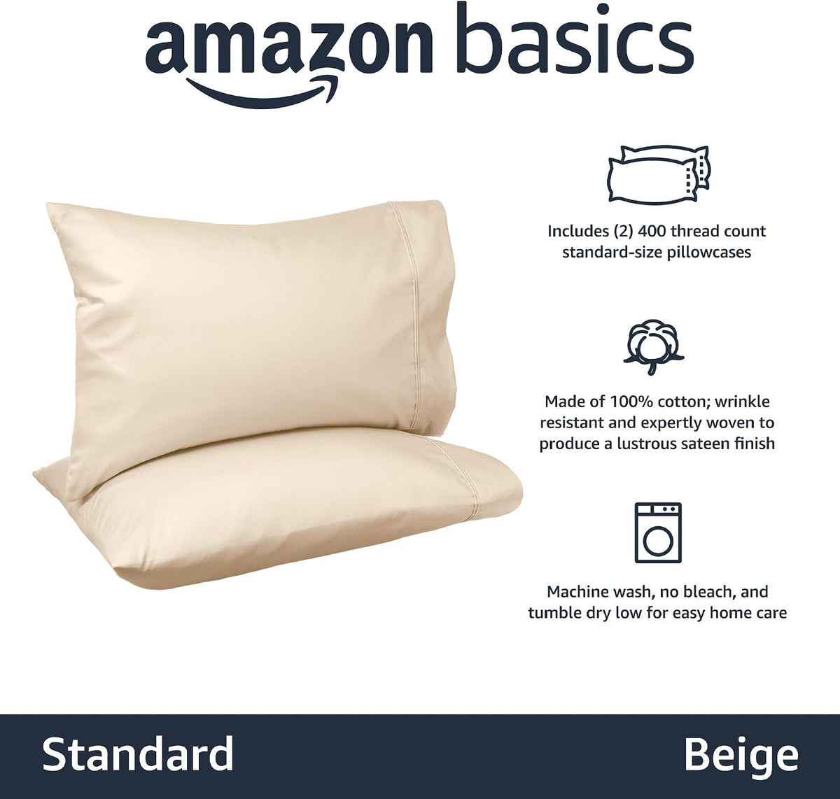 Amazon Basics 400 Thread Count Cotton Pillow Cases, Standard Size, 30" x 20", Beige, Set of 2, Pillows Not Included