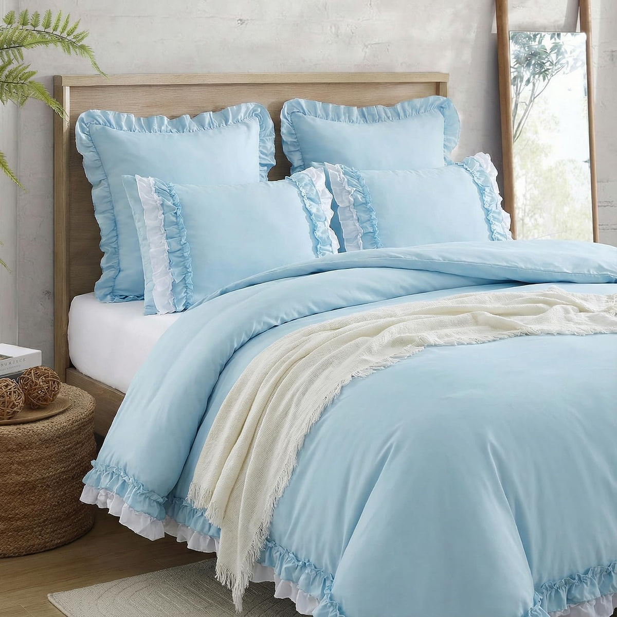 Bedorm Beige Duvet Cover Set Queen Ruffle Bedding Set Pleat Ruffled Shabby Chic Comforter Cover Extra Soft & Easy Care White Boho Duvet Cover with Zipper Closure