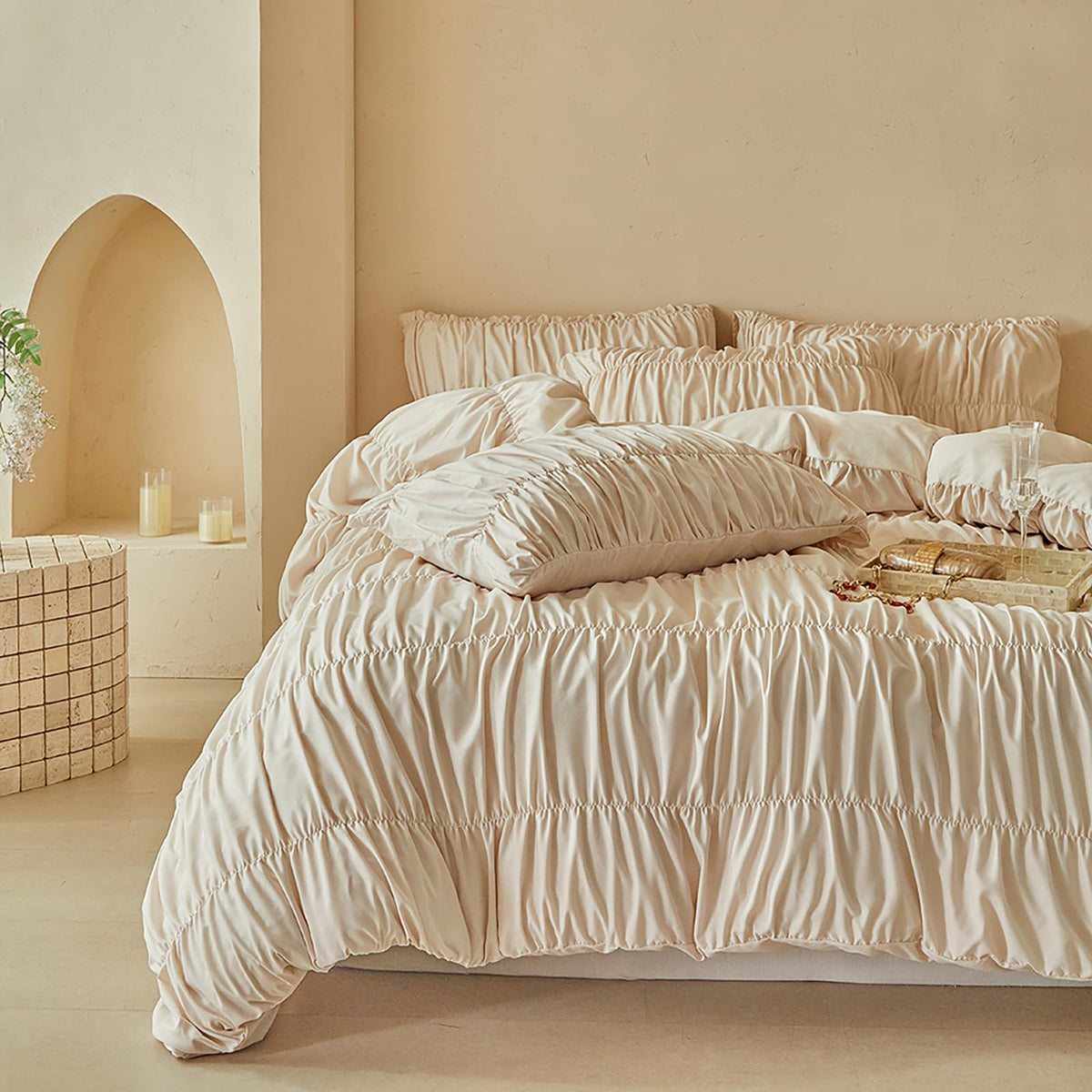 French Chic Ruffled Duvet Cover Queen Size Beige Wavy Jacquard Bedding Set 3 Pieces, Microfiber Zipper Comforter Cover and 2 Pillowcases Aesthetic Boho Girls Women Bedding Duvet Cover for All Seasons