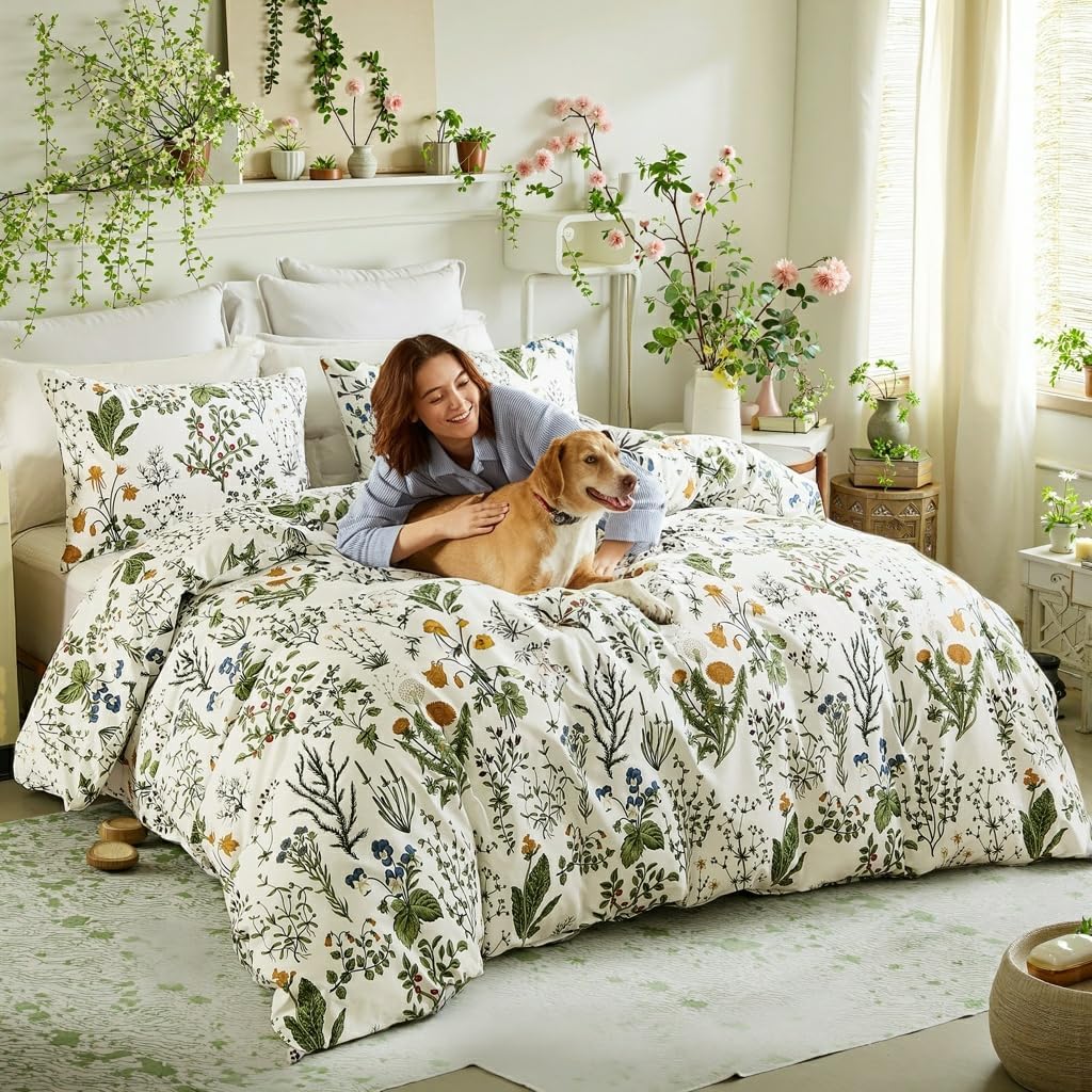 Duvet Cover Queen Size - 100% Cotton Reversible Floral Queen Duvet Cover Set with Zipper Closure, 3 Pieces Soft & Breathable Green Bedding Set for All Seasons