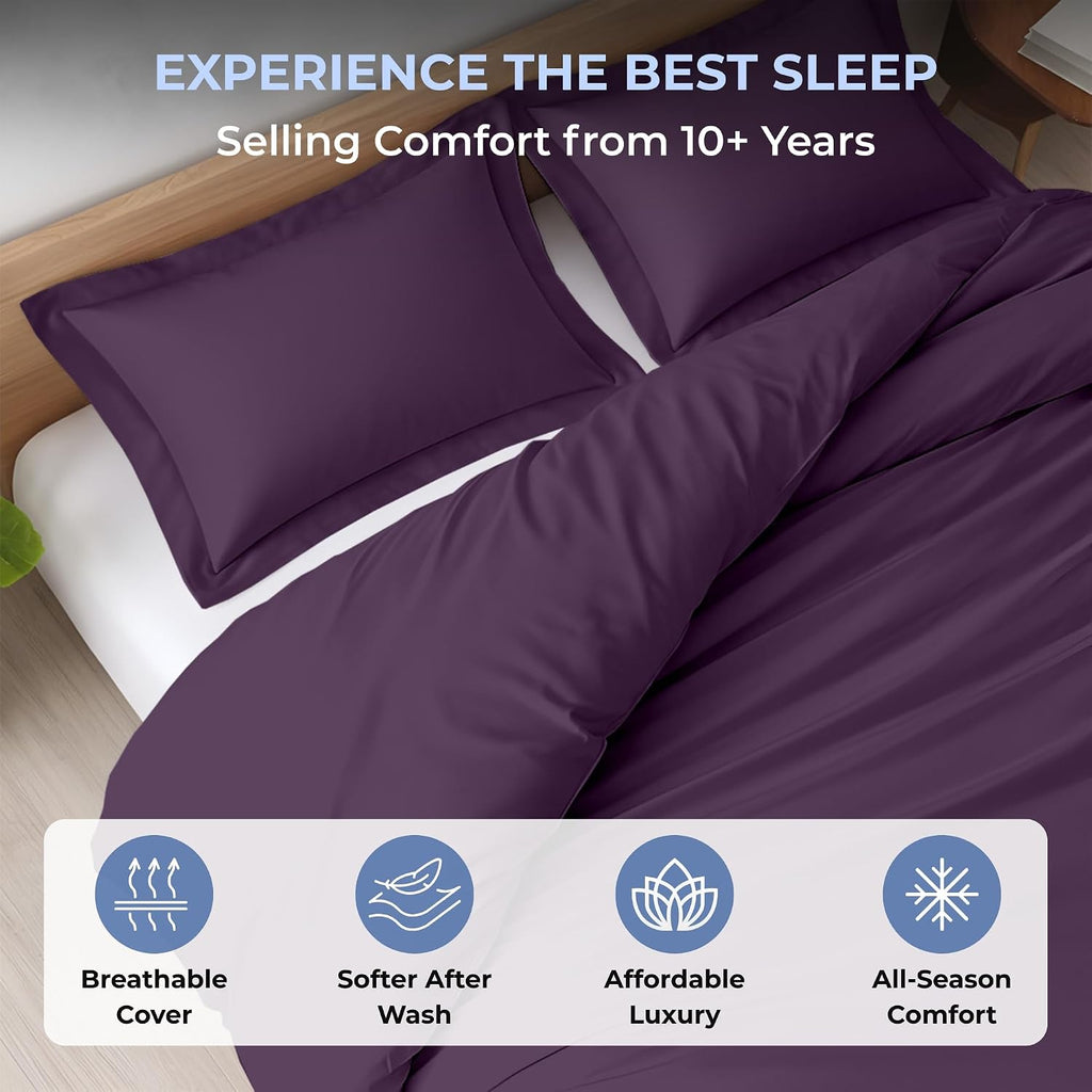 Kotton Culture 3 Pc Duvet Cover King Size Set-100% Egyptian Cotton 600 Thread Count Ultra Soft Premium Durable Comforter Cover Zipper Closure & Corner Ties - (Plum, 104" X 94")