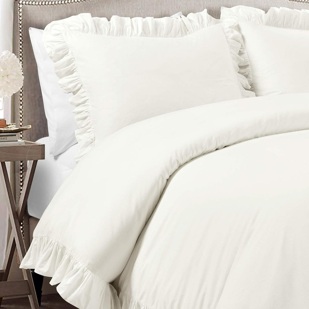 Lush Decor Reyna Ruffle Cotton Duvet Cover Set 3 Piece Set Full/ Queen, White - Queen Size Bedding Set - White Duvet Queen- Ruffled Bedding - Coquette Decor
