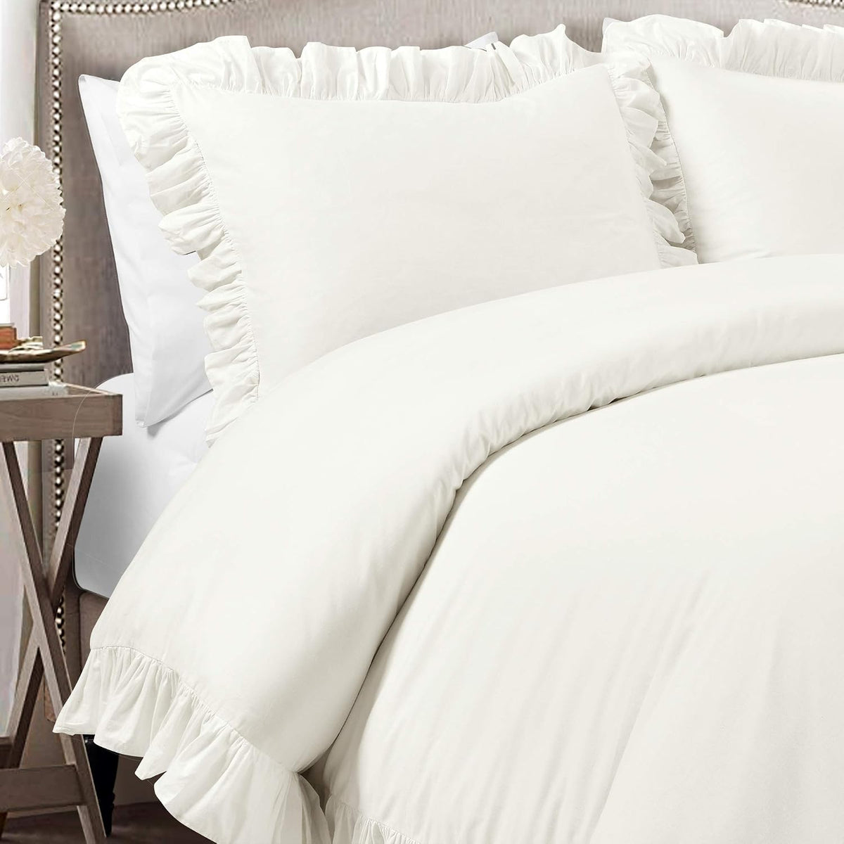 Lush Decor Reyna Ruffle Cotton Duvet Cover Set 3 Piece Set Full/ Queen, White - Queen Size Bedding Set - White Duvet Queen- Ruffled Bedding - Coquette Decor