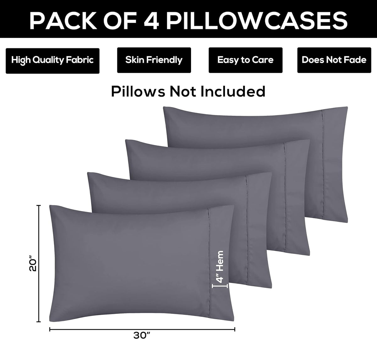 Pillow Covers Queen Size Set of 4, Soft and Comfy Pillow Cases, Grey