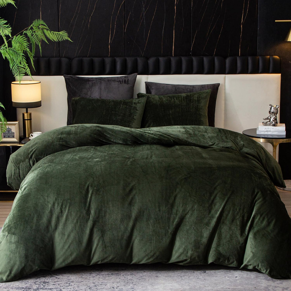 Ivellow Velvet Duvet Cover Queen Set, 3 Pcs Olive Green, Zipper Corner Ties