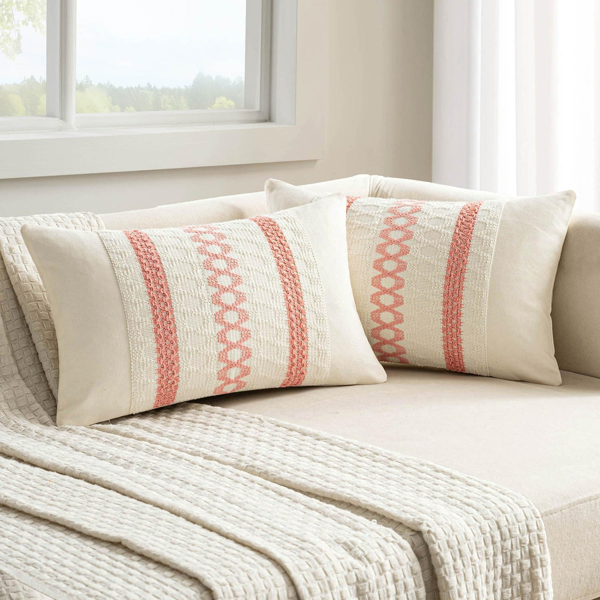 MIULEE Set of 2 Sage Green Boho Decorative Lumbar Pillow Covers 12x20 Inch