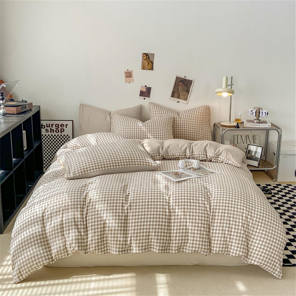 Nayoroom Gingham Duvet Cover Set Queen Brown Tan Plaid Checkered Bedding
