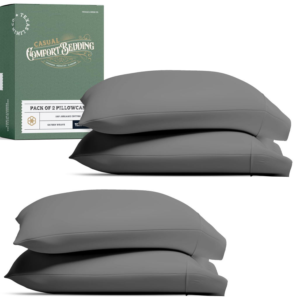 TEXAS LINEN CO. 100% Organic Cotton Percale Pillow Cases Standard/Queen Size Set of 2 - Percale Pillowcases Standard/Queen, Soft Cooling Pillow Cases for Sleeping, Cotton Pillow Covers - White