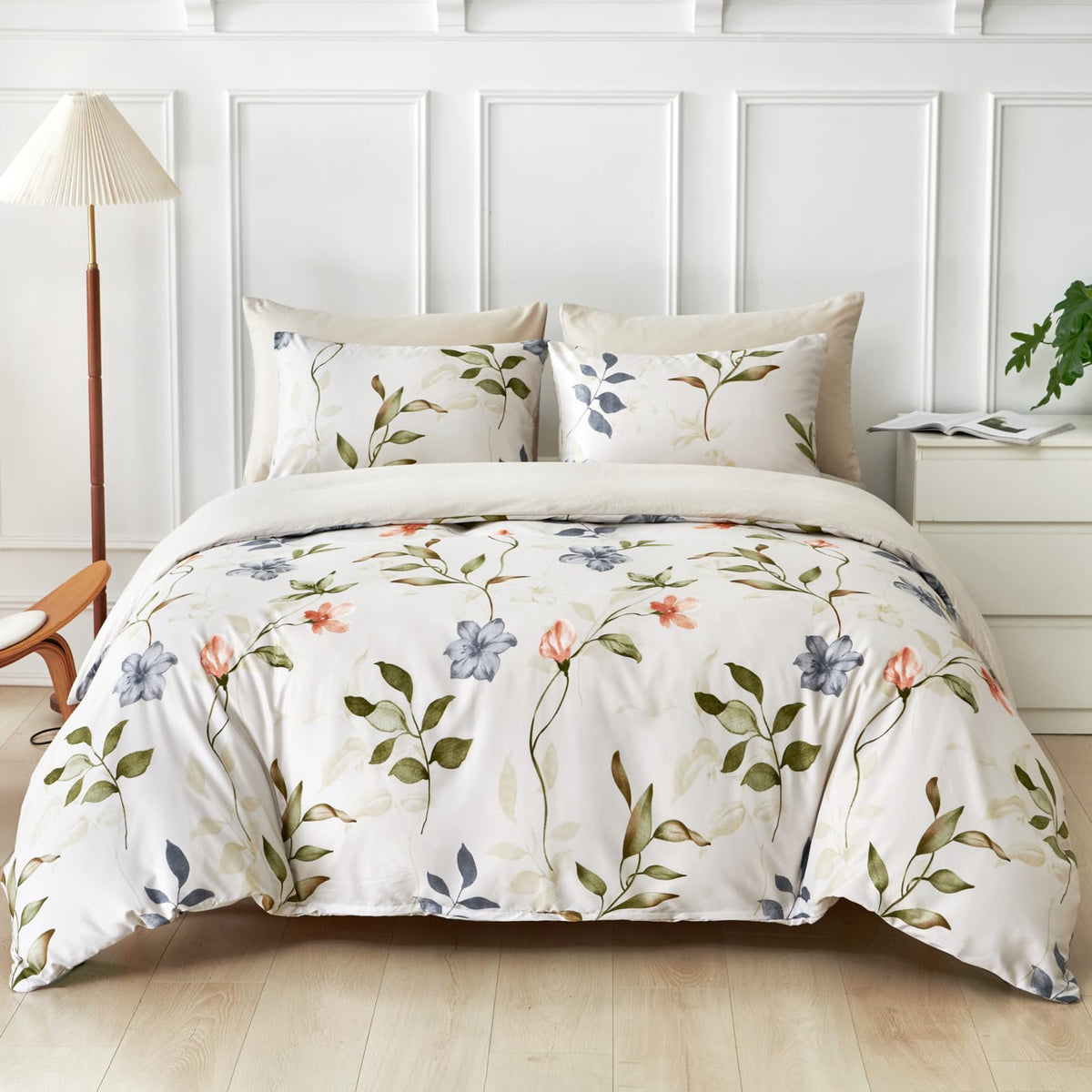 Lekesky Floral Duvet Cover Queen Size 3-Piece, Sage Green