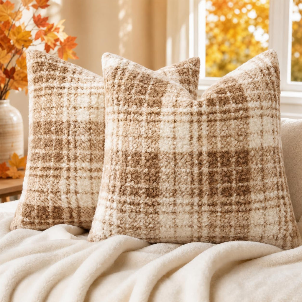 decorUhome Faux Fur Plaid Throw Pillow Covers 20X20 Set of 2 Khaki Brown