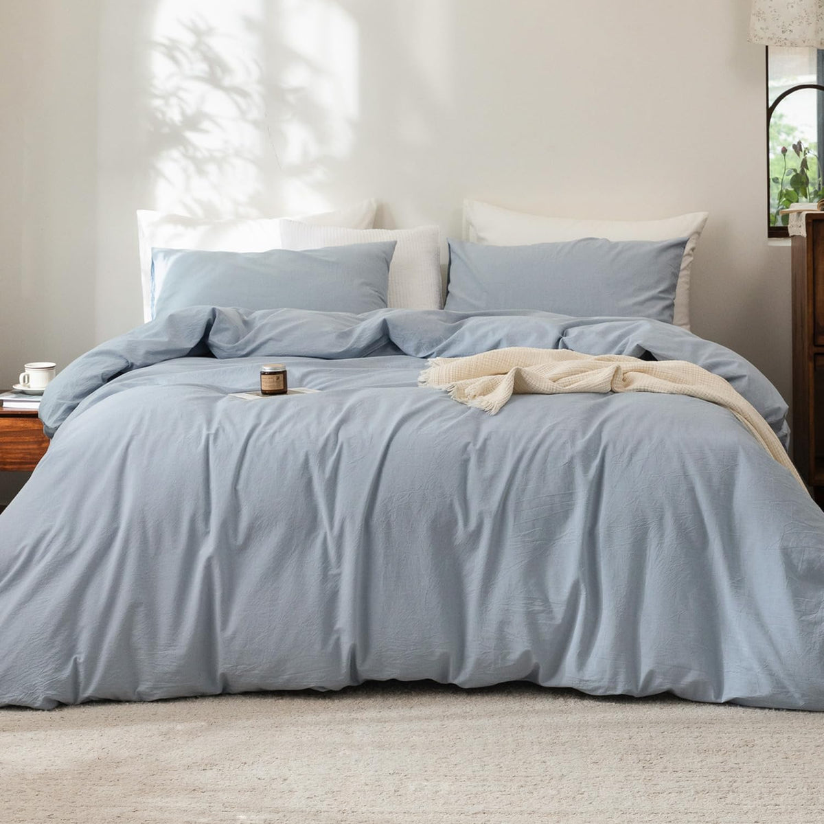 FOSSA Duvet Cover Set 100% Washed Cotton Linen Feel Queen