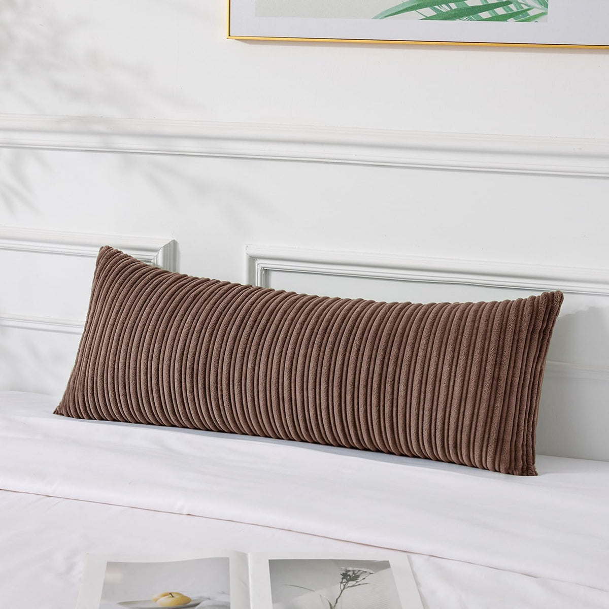 UGASA Velvet 12x20 Inch Lumbar Soft Throw Pillow Cover Boho Farmhouse Decorative Corduroy Striped Both Sides Solid Rectangular Cushion Case for Couch Bedroom Sofa Home, 1 Piece, Beige