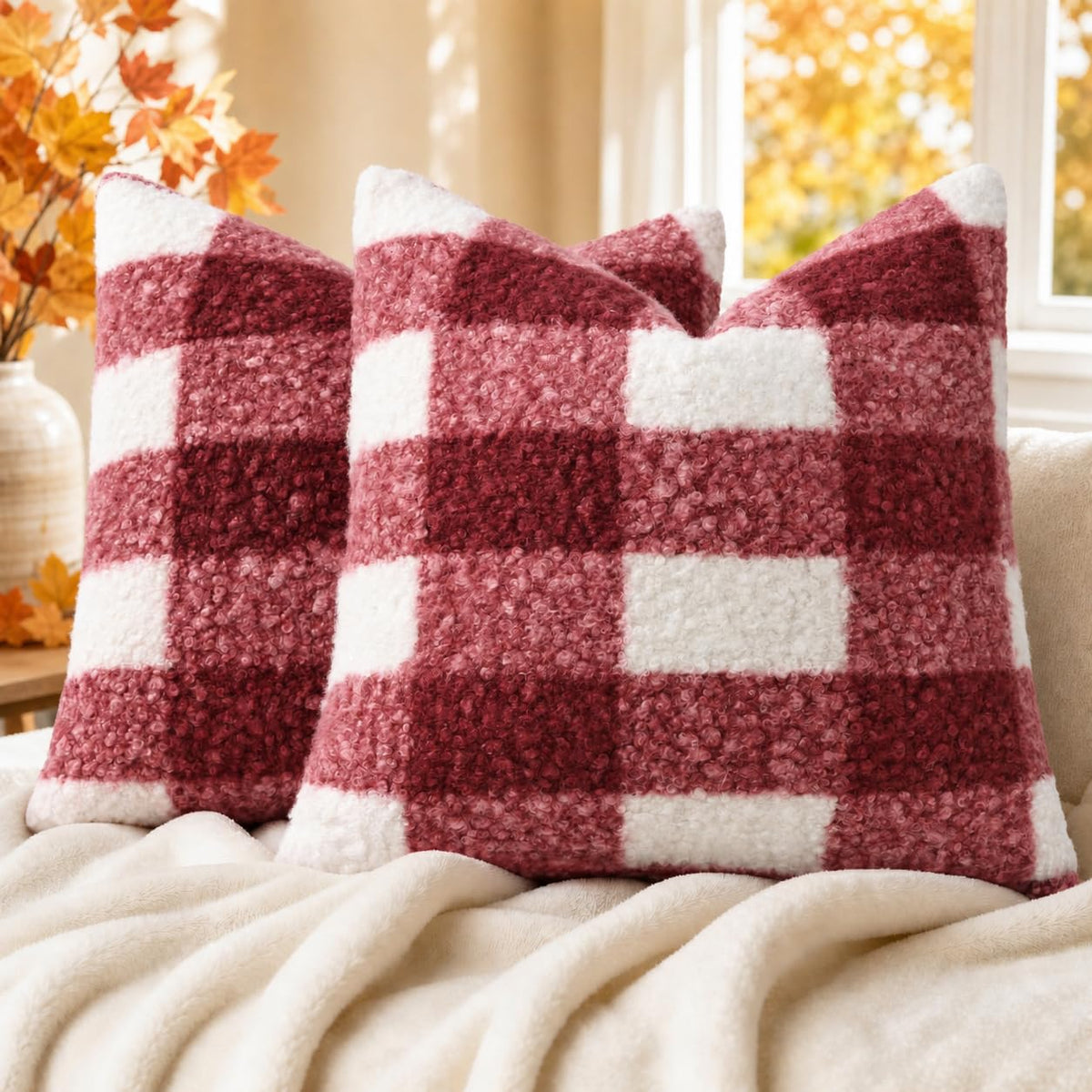 decorUhome Faux Fur Plaid Throw Pillow Covers 20X20 Set of 2 Khaki Brown