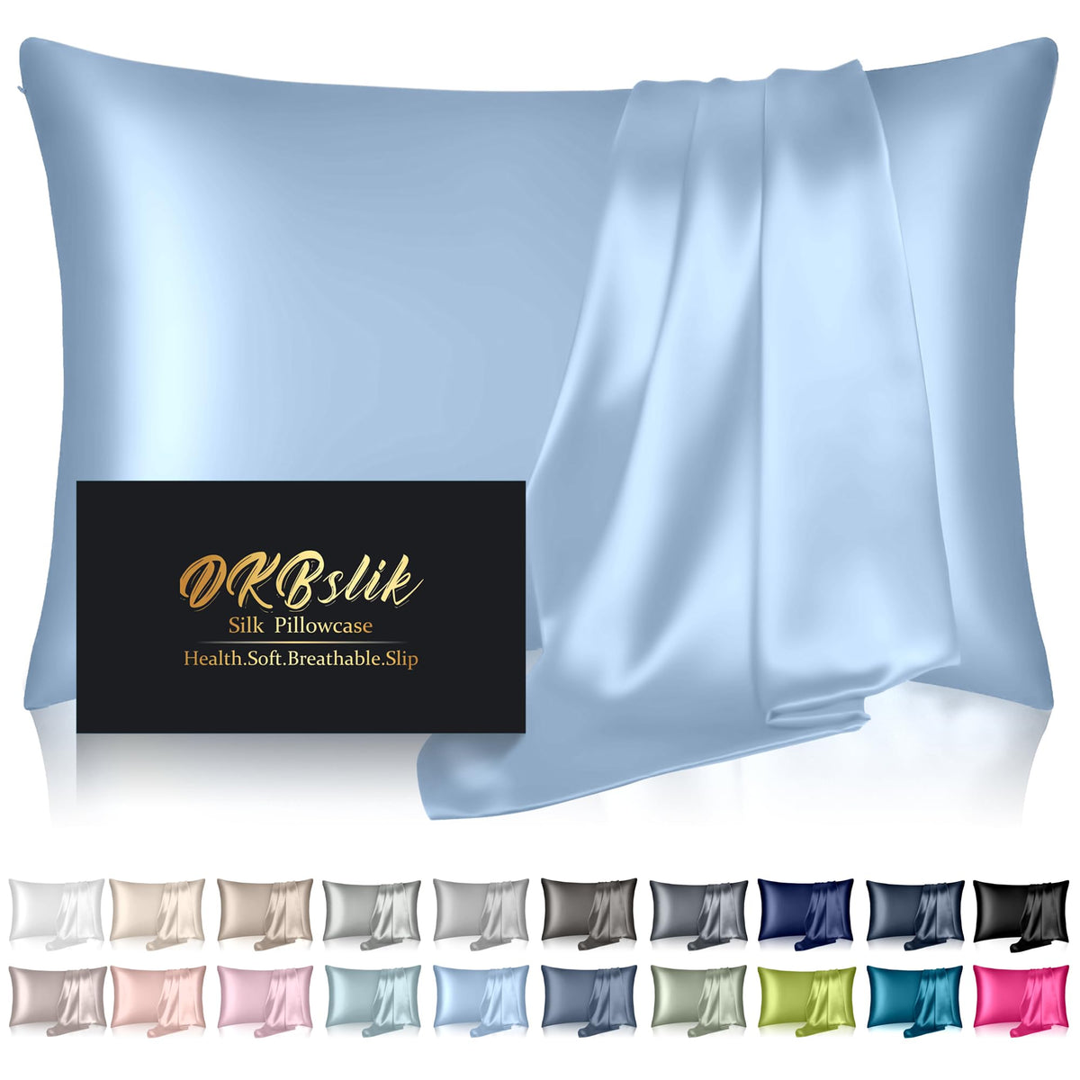 Silk Pillowcase for Hair and Skin, Mulberry Silk Pillow Cases Standard Size, Anti Acne Cooling Sleep Both Sides Natural Silk Satin Pillow Covers with Hidden Zipper, Gifts for Women Men, Ash Blue
