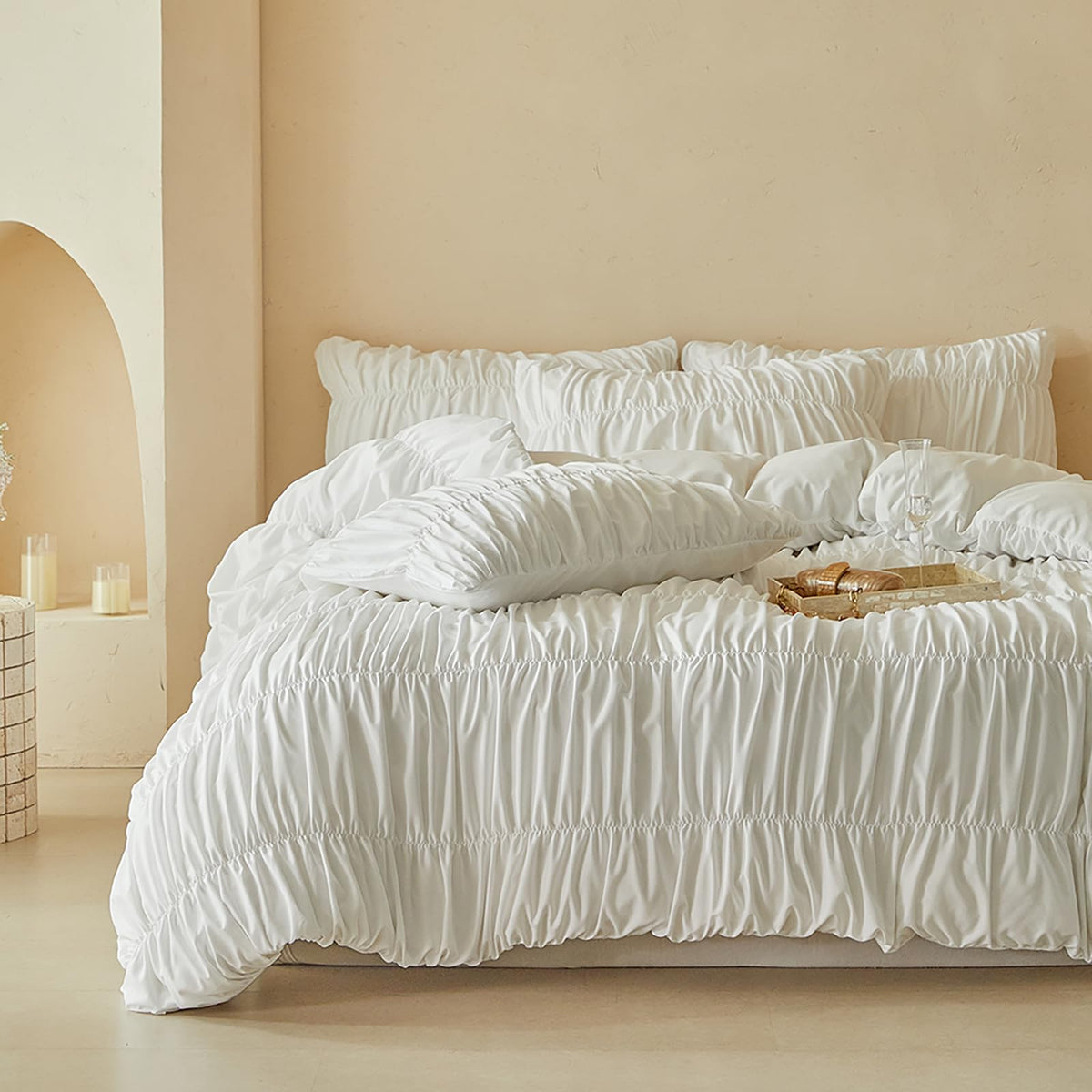 French Chic Ruffled Duvet Cover Queen Size Beige Wavy Jacquard Bedding Set 3 Pieces, Microfiber Zipper Comforter Cover and 2 Pillowcases Aesthetic Boho Girls Women Bedding Duvet Cover for All Seasons