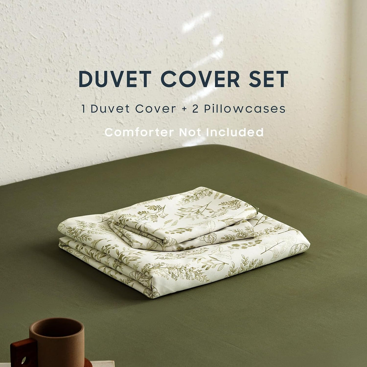 Wake In Cloud - Floral Duvet Cover Set, Botanical Vintage Flower Coquette Cottagecore Aesthetic for Women Teen Girls, Soft Lightweight Bedding, 3-Piece, Olive Green, Queen Size