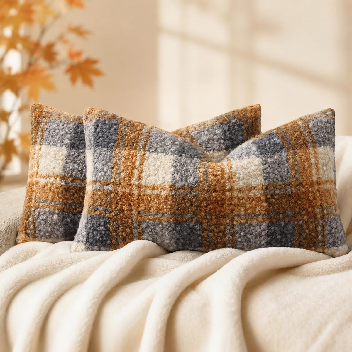 decorUhome Faux Fur Plaid Throw Pillow Covers 20X20 Set of 2 Khaki Brown
