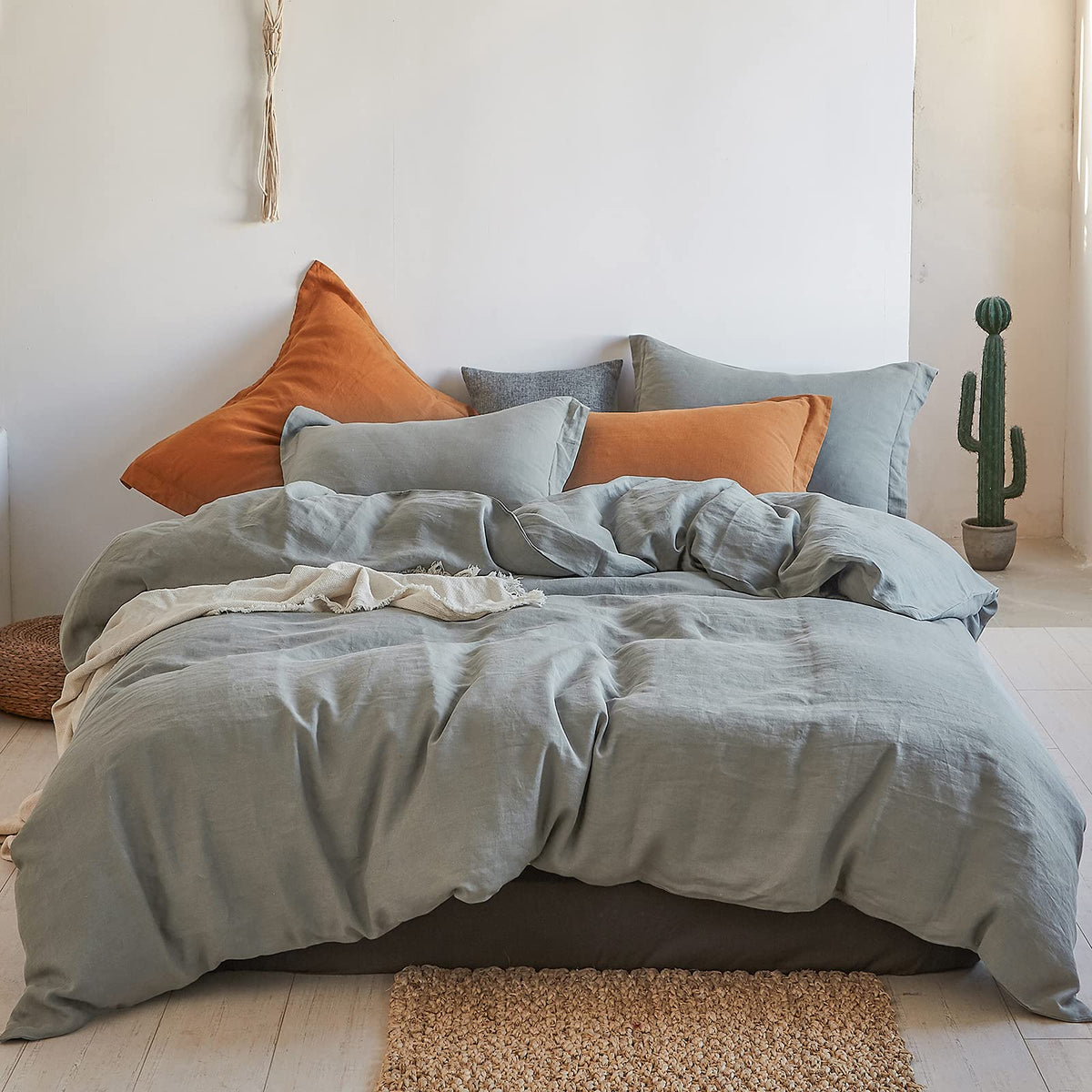 Simple&Opulence 100% Linen Duvet Cover Set 3pcs Basic Style Natural French Washed Flax Solid Color Soft Breathable Farmhouse Bedding with Button Closure - Linen, King