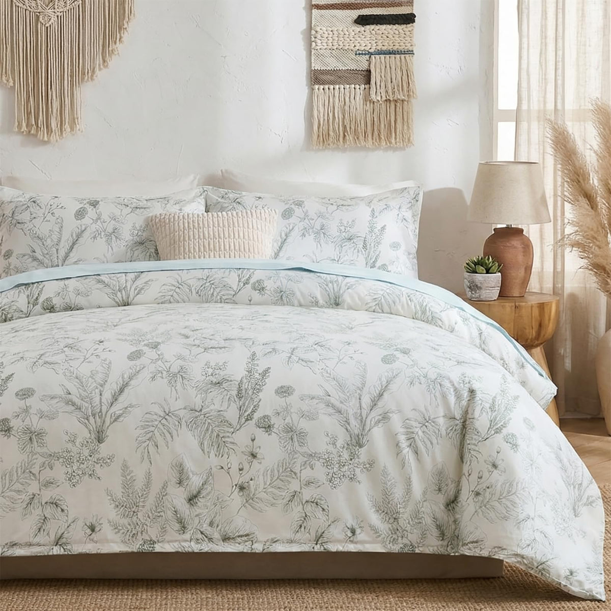 Duvet Cover Queen Size - 100% Cotton Reversible Floral Queen Duvet Cover Set with Zipper Closure, 3 Pieces Soft & Breathable Green Bedding Set for All Seasons