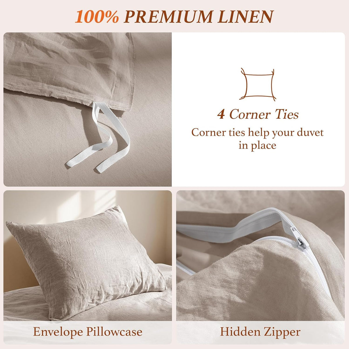 100% Pure Linen Duvet Cover Set 3 Pcs Soft Comforter Cover Sets King Size