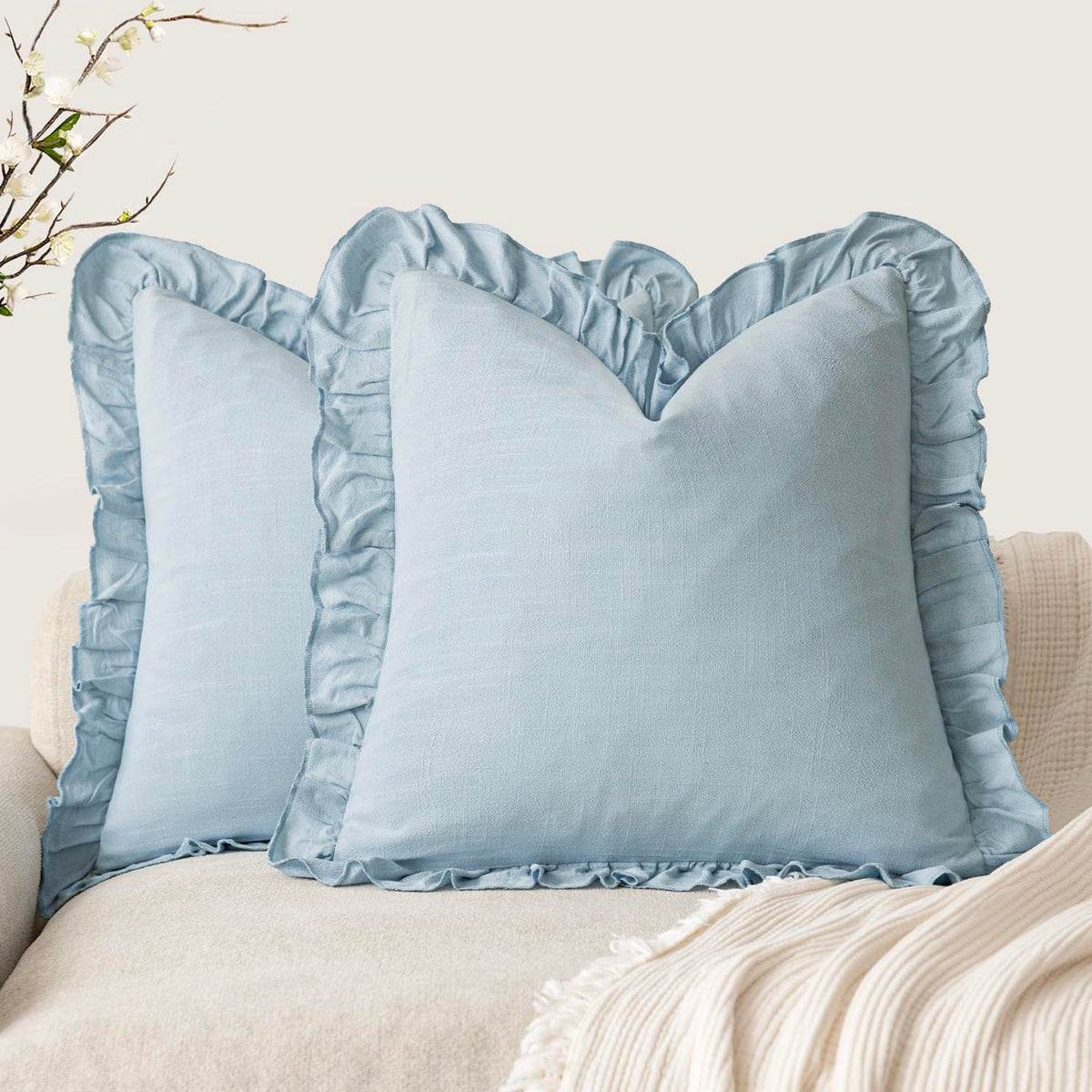 Foindtower Set of 2 Decorative Soild Fringe Ruffle Throw Pillow Covers Soft Boho Farmhouse Cushion Cover Cozy Accent Retro Pillowcase for Couch Sofa Bed Living Room Home Decor,18×18 Inch,Natural Beige