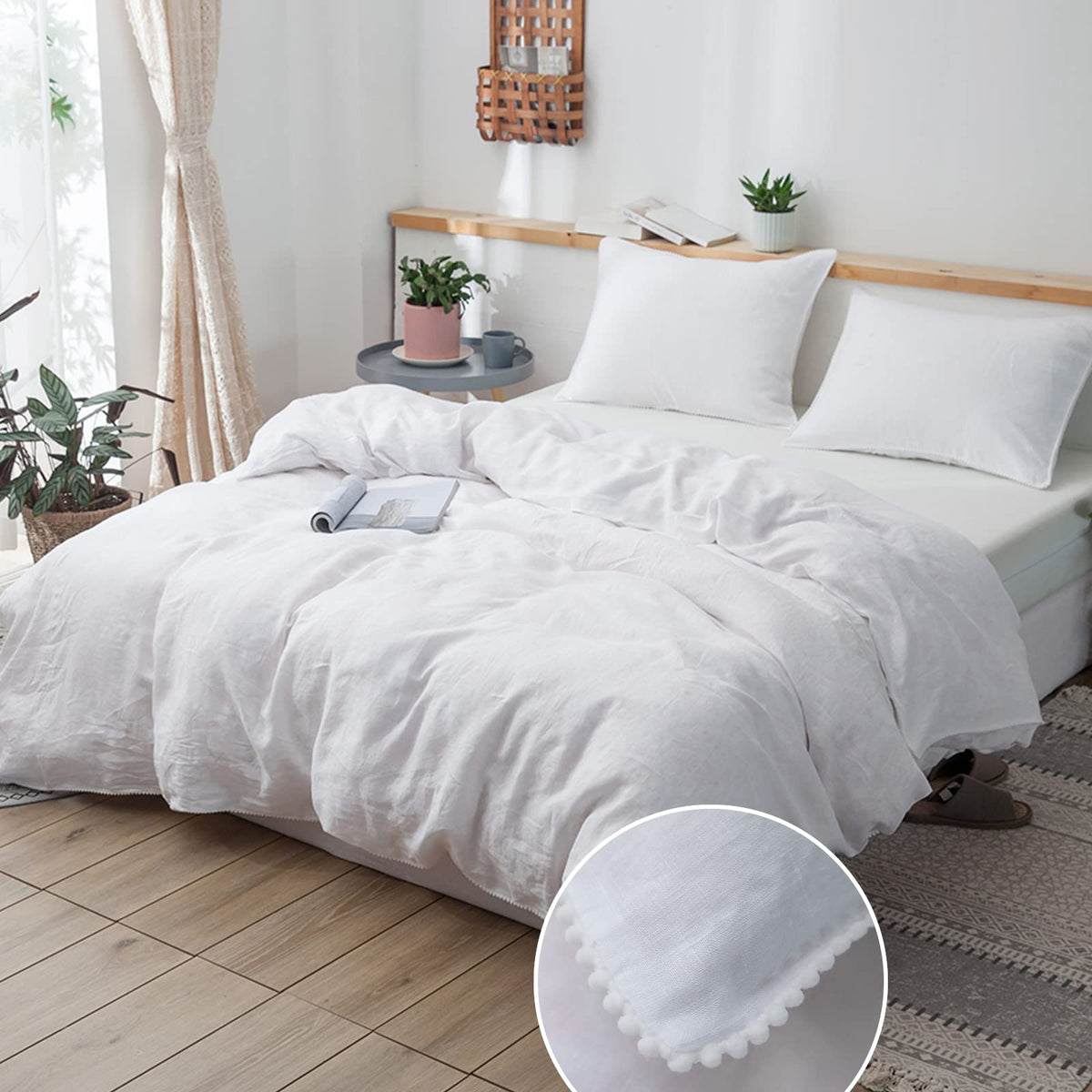 Simple&Opulence 100% French Linen Duvet Cover Set with Embroidered,3 Pcs Washed Soft Farmhouse Bedding Set with Button Closure,1 Comforter Cover and 2 Pillowshams(King,Natural Linen)