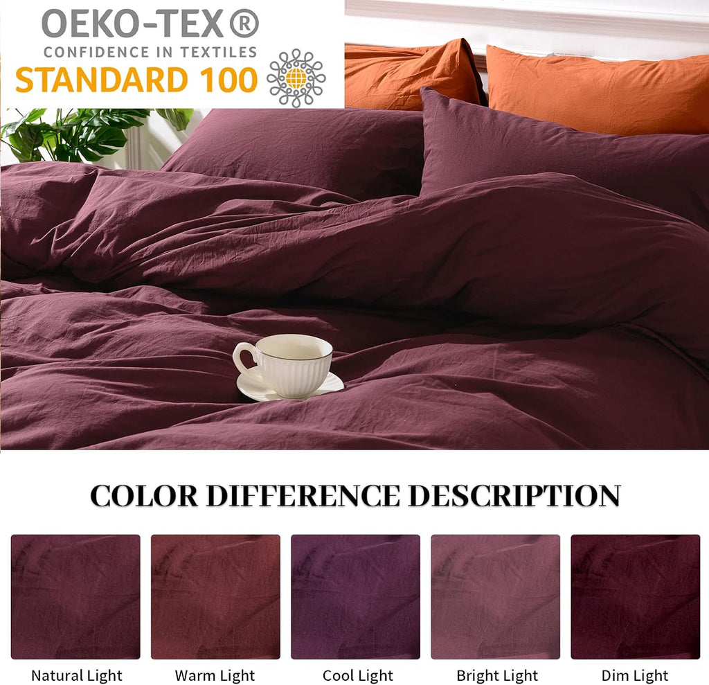 NEXHOME PRO Duvet Cover Set Queen Size Linen Look Textured 100% Washed Cotton Duvet Cover Burgundy Dark Red 3 Pieces Bedding Set with Zipper Closure,Breathable, Soft Organic Natural(No Comforter)