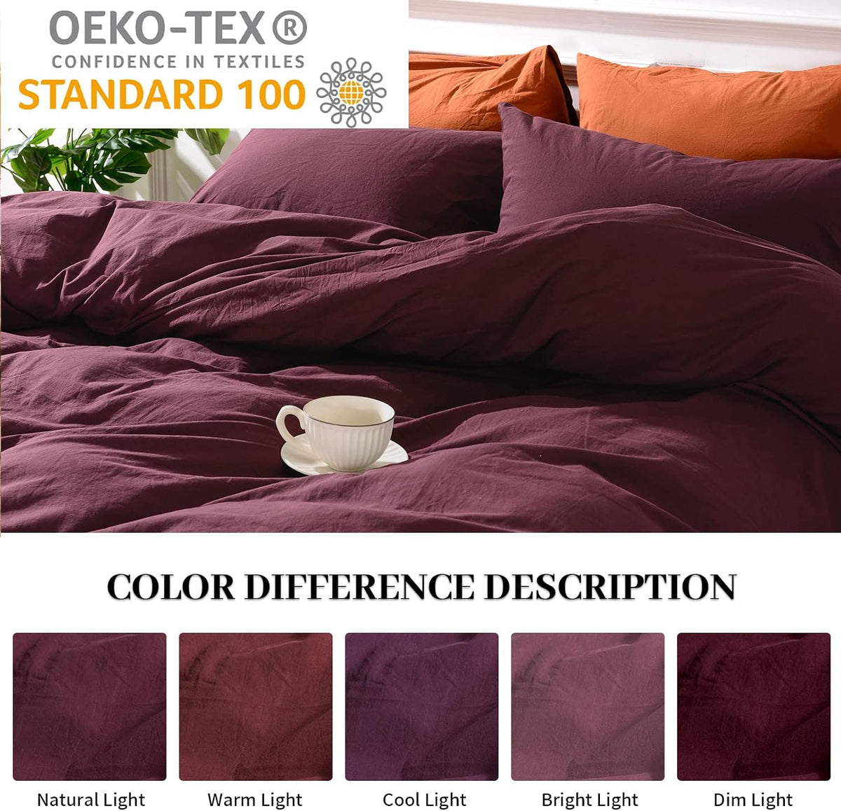 NEXHOME PRO Duvet Cover Set Queen Size Linen Look Textured 100% Washed Cotton Duvet Cover Burgundy Dark Red 3 Pieces Bedding Set with Zipper Closure,Breathable, Soft Organic Natural(No Comforter)