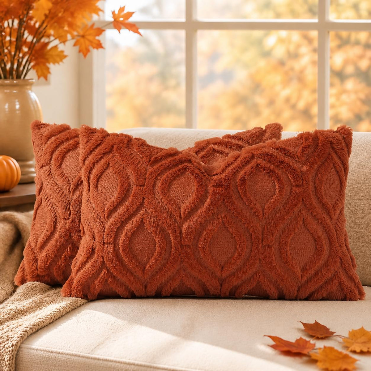 decorUhome Faux Fur Plush Soft Rust Throw Pillow Covers 18x18 Set of 2